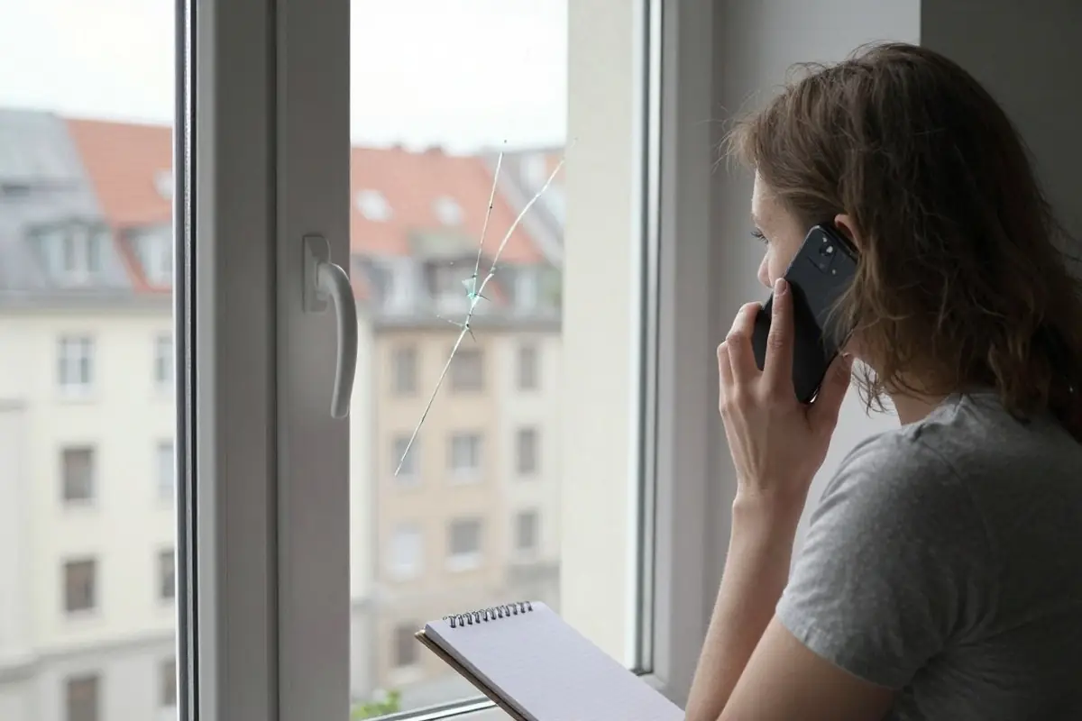 Frau telefoniert am Fenster mit gesprungener Scheibe