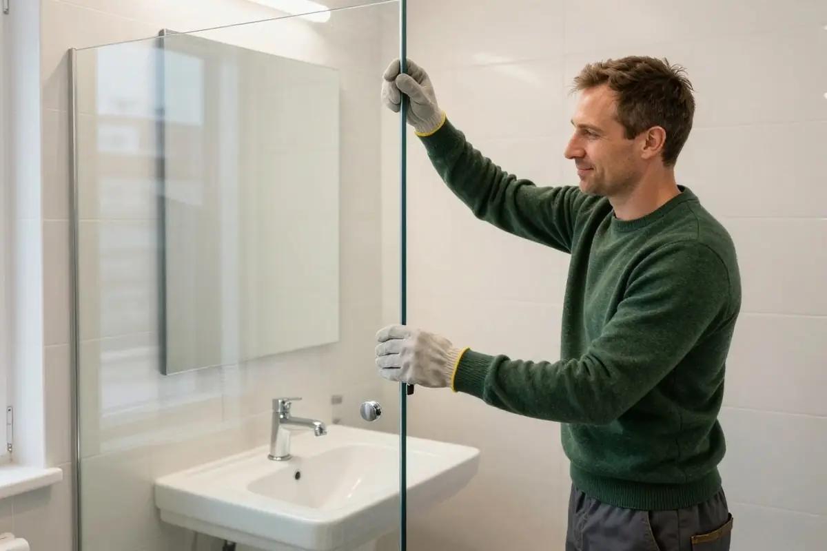 Glaser montiert eine Duschwand aus Glas im Bad