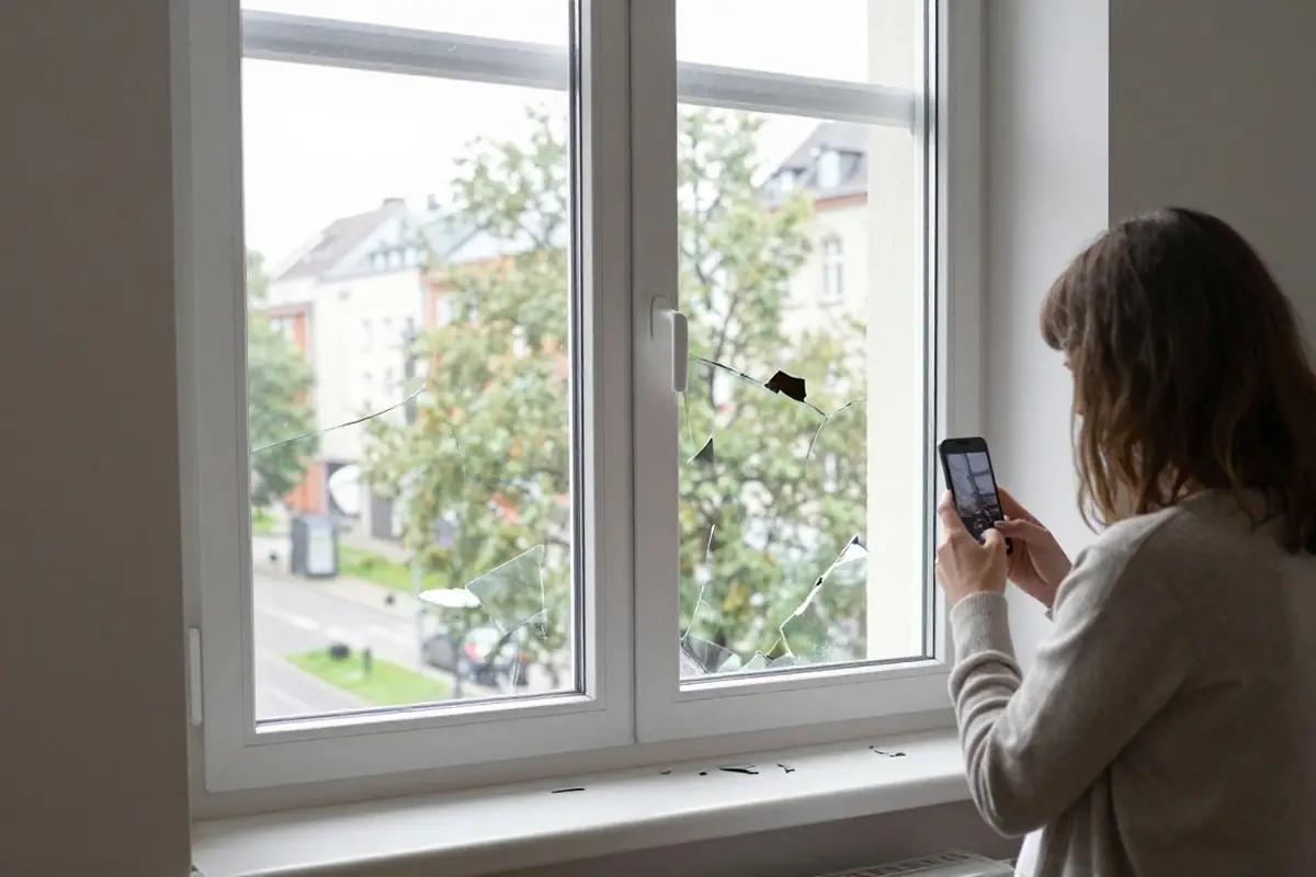 Mieterin fotografiert ein eingeschlagenes Fenster von innen