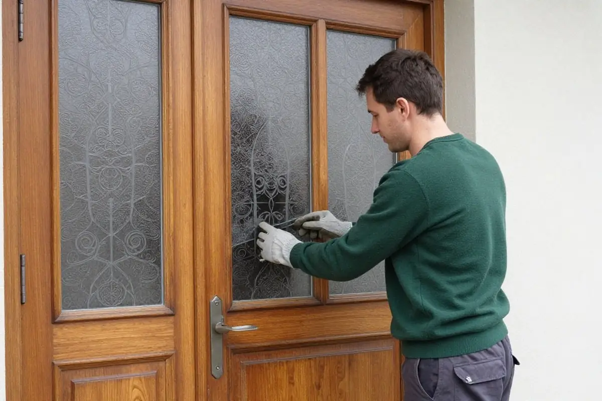 Glaser setzt einen Glaseinsatz in eine alte Haustür