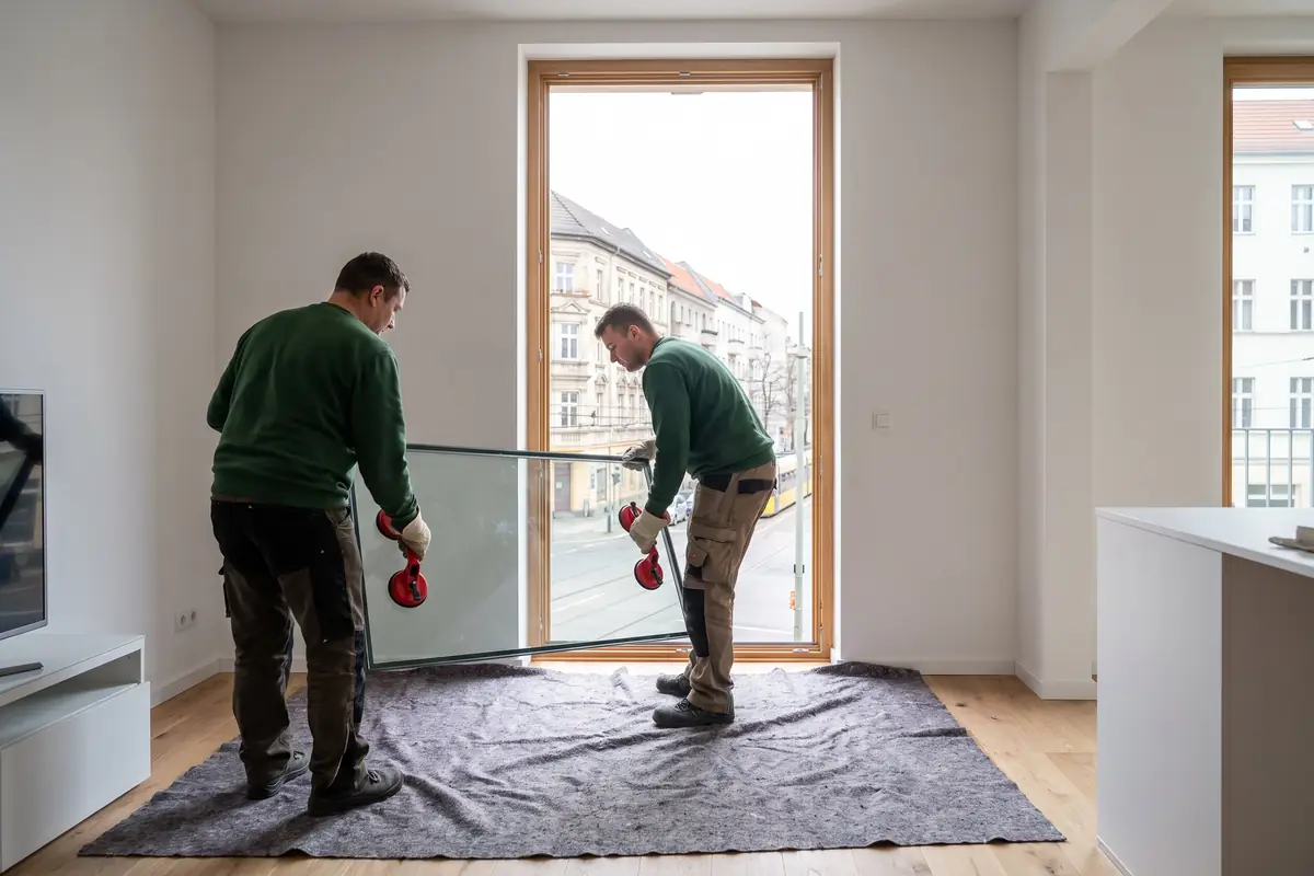 Zwei Glaser tragen eine Isolierglasscheibe mit Saughebern zum Fensterrahmen