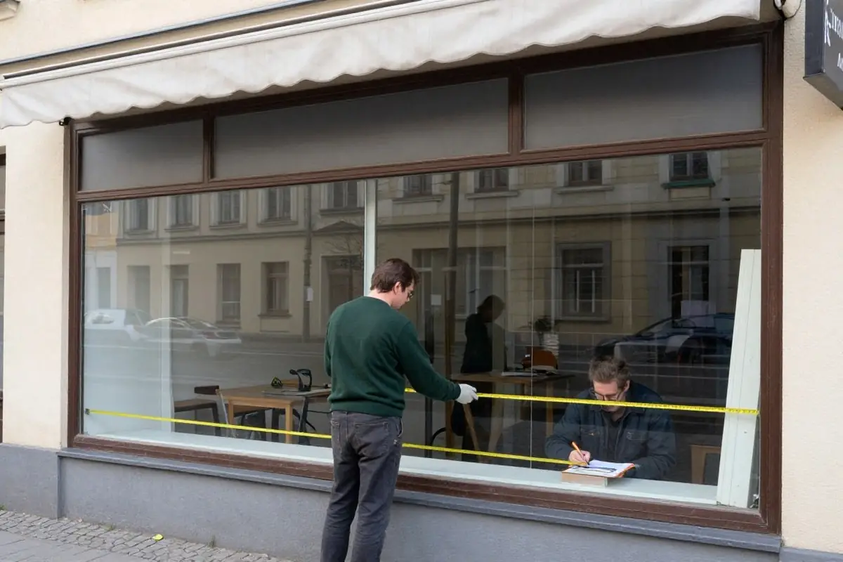 Glaser misst eine Schaufensterscheibe aus
