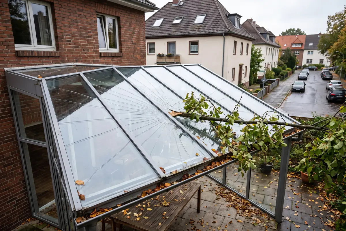 Gesprungene Scheibe im Wintergartendach nach einem Sturm
