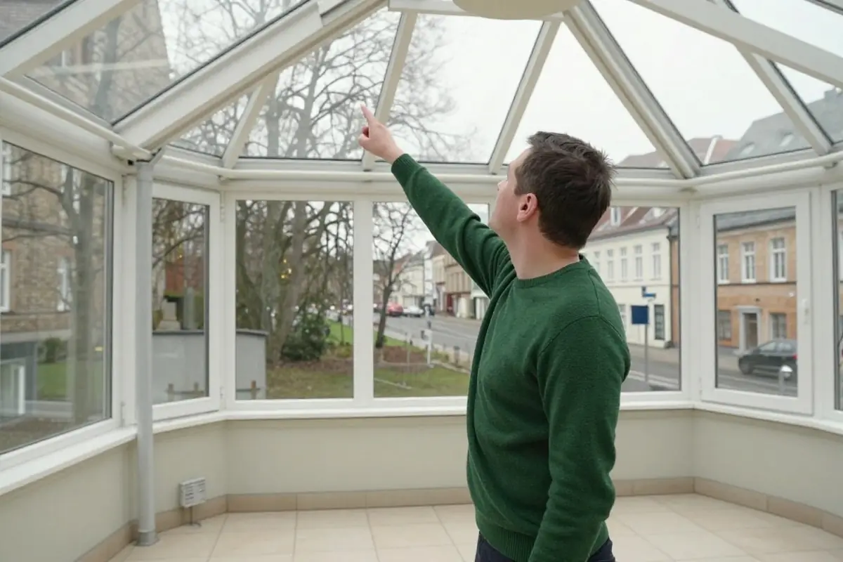 Glaser prüft die Scheiben eines Terrassendachs