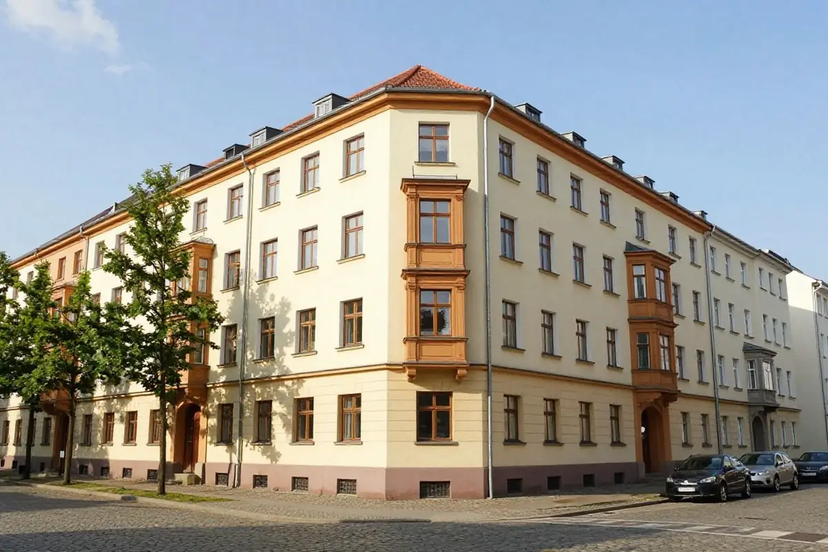 Berliner Straßenecke mit Gründerzeithäusern und hohen Fenstern