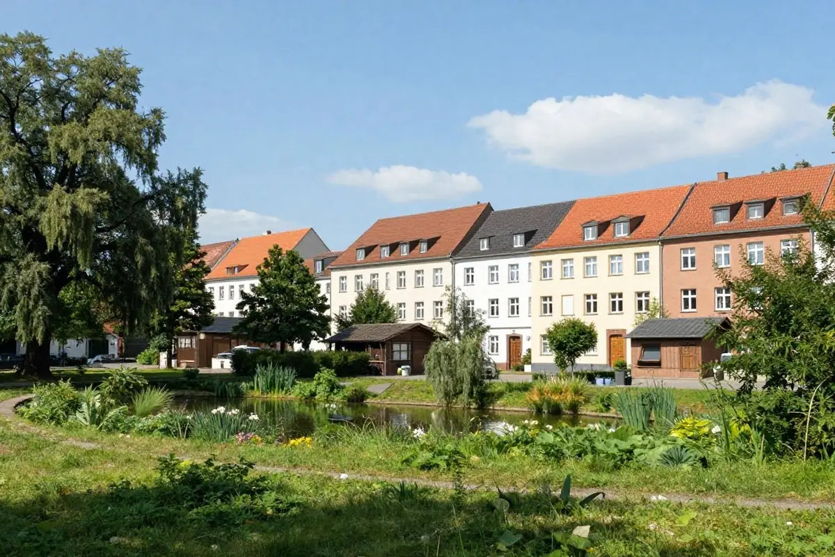 Alter Dorfanger mit niedrigen Häusern in einem Berliner Stadtteil