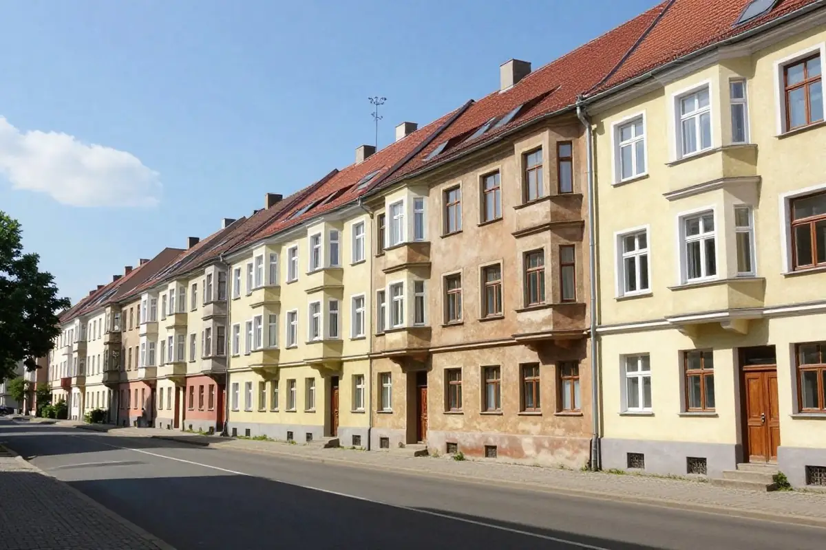 Farbige Reihenhäuser einer Gartenstadtsiedlung der 1920er-Jahre