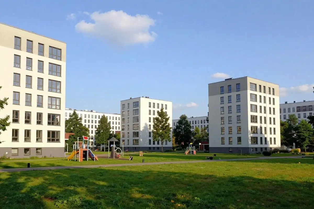 Grüne Wohnsiedlung mit sanierten Hochhäusern im Berliner Nordosten