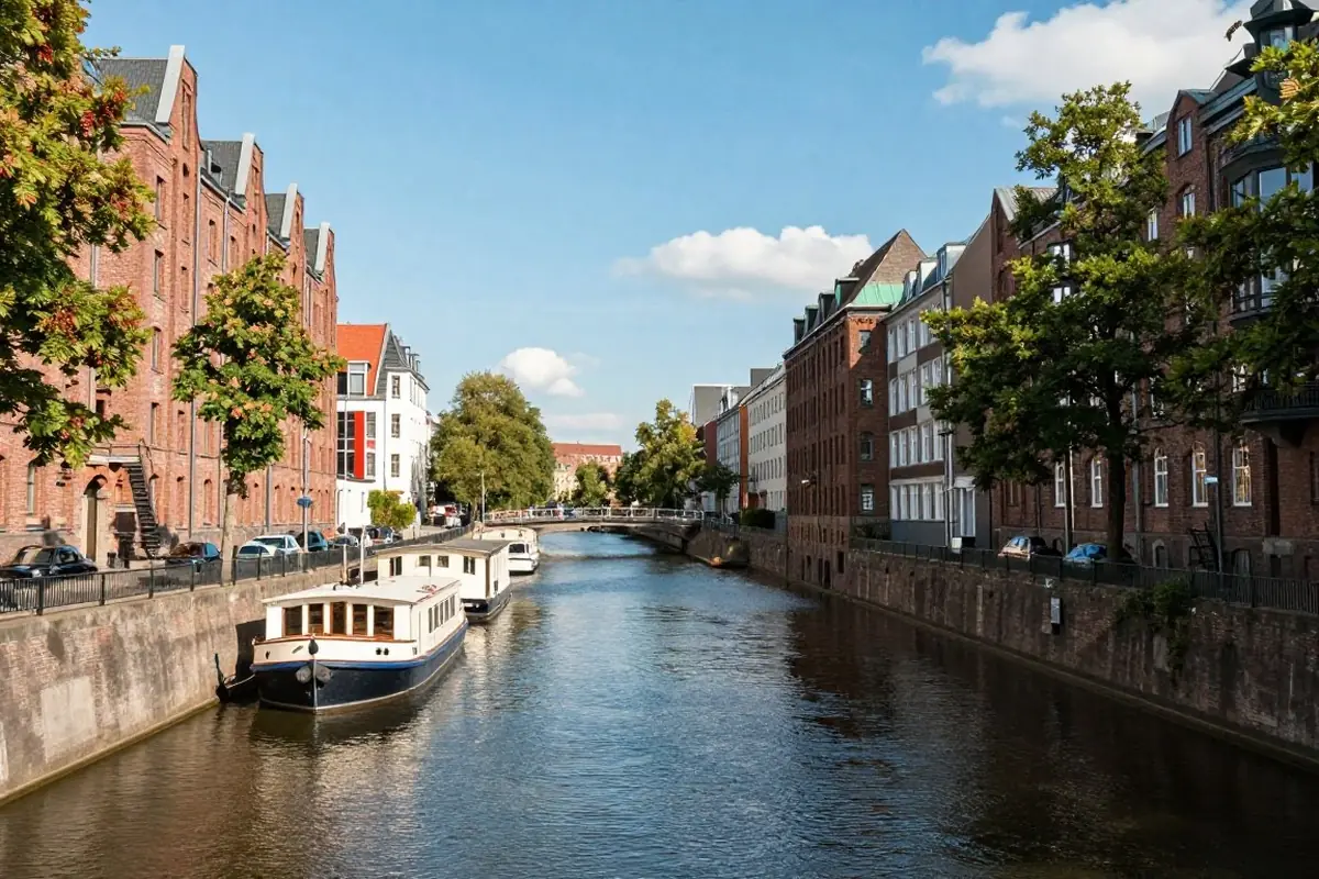 Kanal mit umgebauten Backsteinspeichern und Hausbooten in Berlin