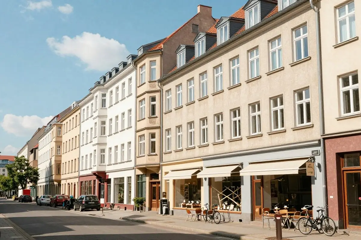 Berliner Kiezstraße mit Läden und großen Schaufenstern