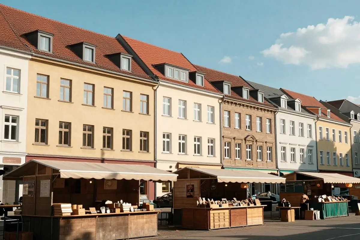 Wochenmarkt vor Altbauten mit Ladenfenstern in einem Berliner Kiez