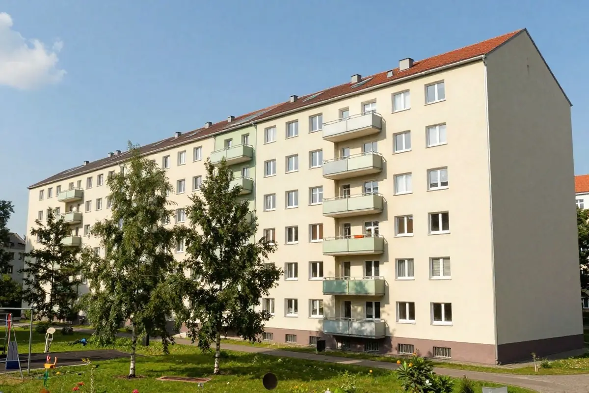 Sanierter Plattenbau mit Balkonen und grünem Hof in Berlin