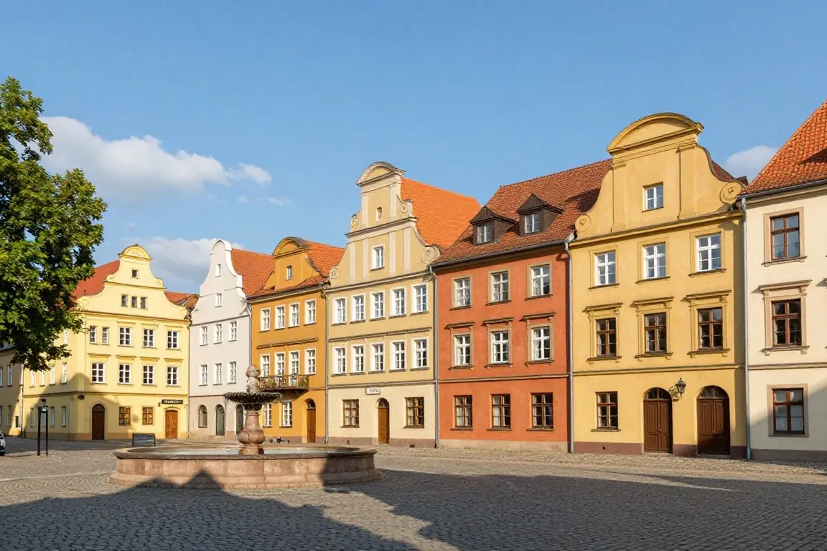 Marktplatz mit bunten Giebelhäusern in der Lausitz