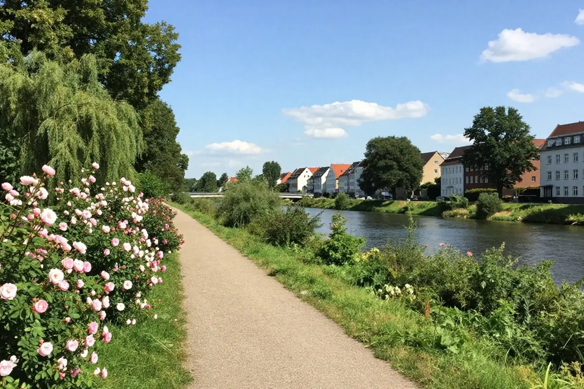 Flusswiesen mit Weiden und Rosen an der Neiße