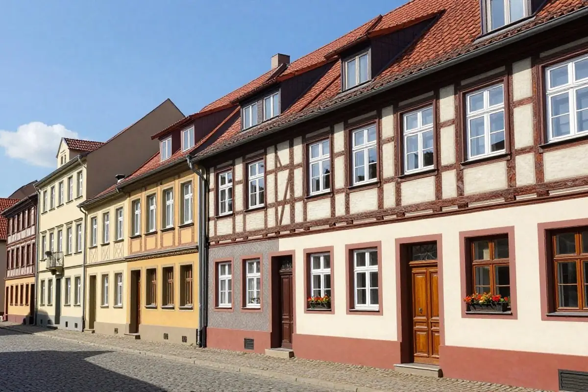 Kleinstadtstraße mit Fachwerkhäusern