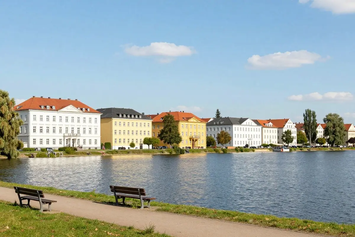 Langer See mit kleiner Stadt am Ufer