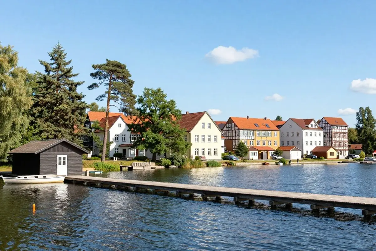 See mit Holzsteg und Ruderboot in Brandenburg