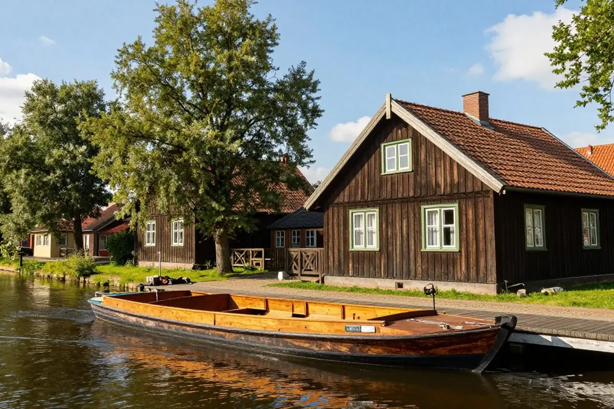 Spreewaldfließ mit Kahn und Holzhaus