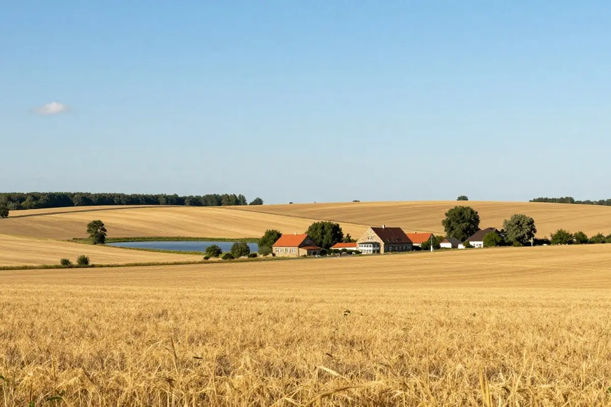 Hügelland mit Feldern, See und Feldsteinhaus in der Uckermark