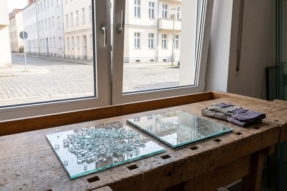 Zerbröseltes Einscheibensicherheitsglas neben gesprungenem Verbundglas