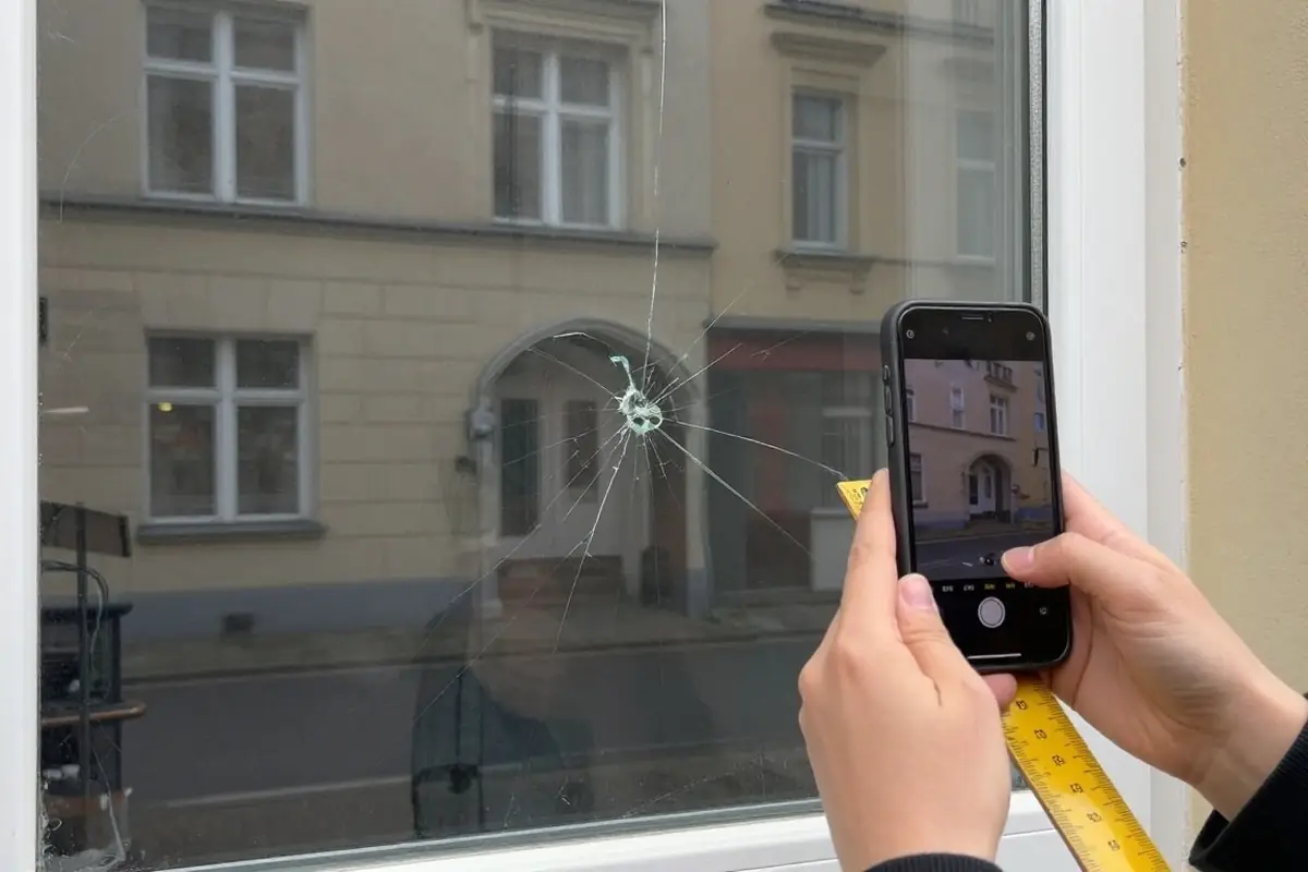 Riss in der Scheibe wird mit Zollstock und Handy fotografiert