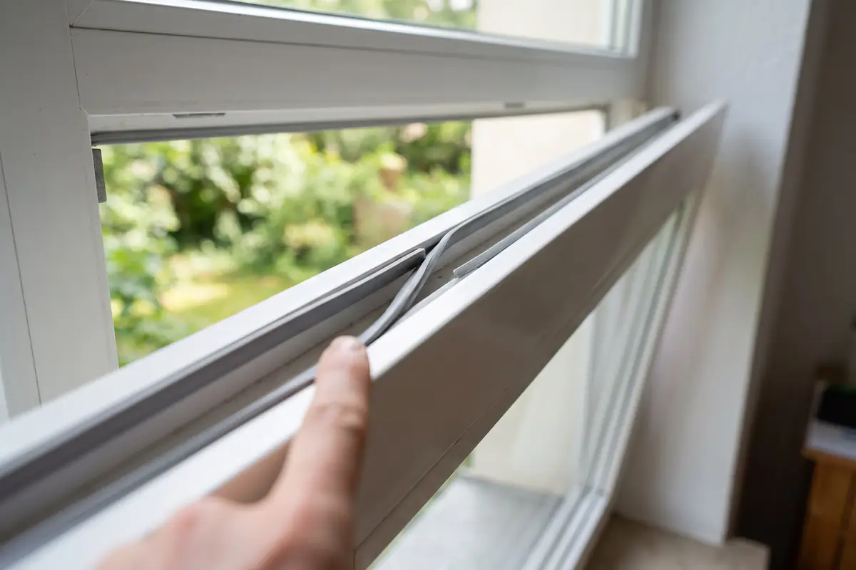 Fingerspitze prüft die Gummidichtung eines geöffneten Fensterflügels